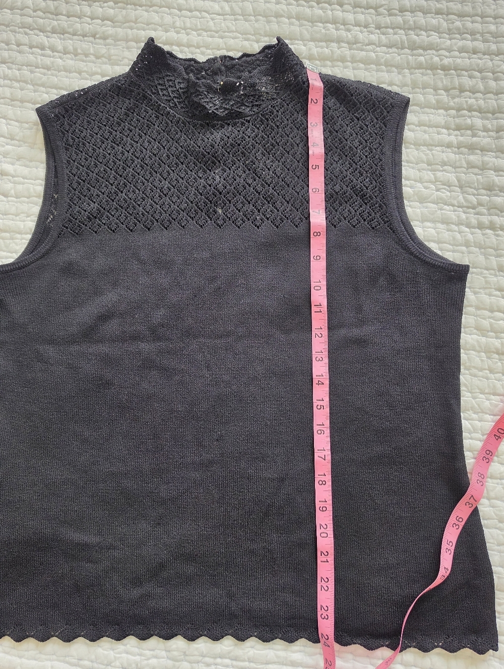 St. John Black Lace Knit Sleeveless Top Mock Neck Gold Button Back Luxury Top M - Picture 9 of 12